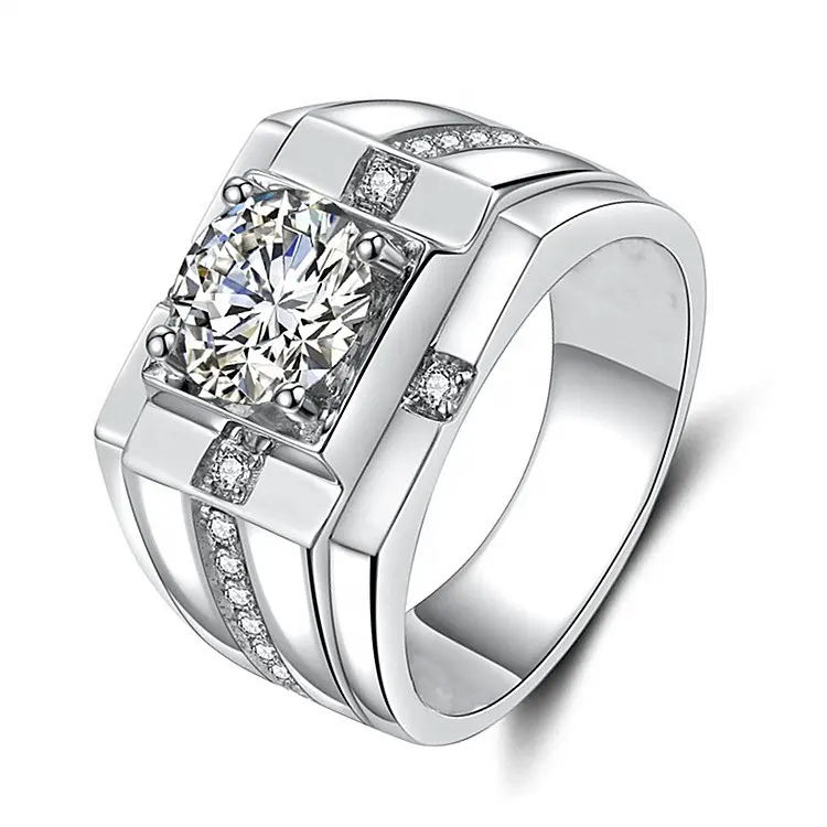 1ct un quilate grande claro redondo diamante CZ hombres anillo de bodas matrimonio compromiso propuesta Cubic Zirconia latón joyería de moda