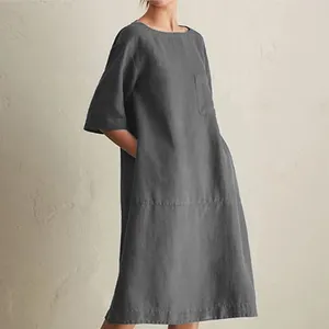Foreign trade women's fashion casual round neck sleeve cotton linen pocket dress