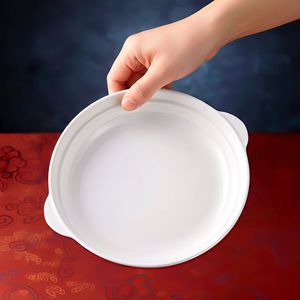 Bandeja Redonda de Porcelana Blanca para Servir, Plato Hondo con Dos Asas, Vajilla de Hotel, Apta para Microondas, Color Sólido 1250 - Product Image 2