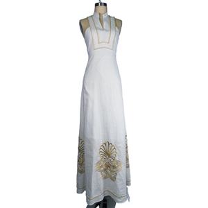 Nuevo Vestido de Verano Blanco con Cuello en V, Bordado Metálico, Color Sólido, de Algodón y Lino, Sin Mangas - Product Image 1