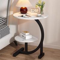 Table d'appoint contemporaine à 2 niveaux, ronde, en marbre noir imprimé, avec base en métal en forme de C, pour table basse