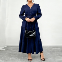 Robe pour femme grande taille, bleu marine uni, tissée, à simple boutonnage, avec cordon de serrage, jupe évasée, style élégant, personnalisable