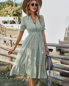 Vendita calda 2024 moda estiva a righe scollo a v manica a sbuffo con orlo Casual <span class=keywords><strong>abito</strong></span> <span class=keywords><strong>Midi</strong></span> <span class=keywords><strong>donna</strong></span> - Product Image 4