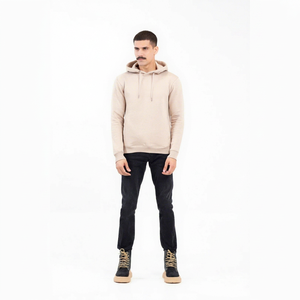 Unisex Beige Hooded Sweatshirt Regular Fit 100% Cotton French <b>Terry</b> Casual Autumn Wear Anti-shrink Printed Front Logo Knitted - Product Image 1