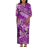 Vente chaude personnalisé grande taille femmes vêtements Samoan Puletasi col rond robe demi manches robe bleue Elei Tribal robe deux pièces