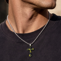 Collier pendentif croix camouflage brossé en acier inoxydable 316, ton argent, réglable, unisexe, avec chaîne maille forçat