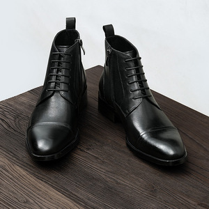 Bottes à lacets en cuir véritable pour hommes, bout rond, talon plat, isolantes, style Martin, pour affaires et occasions formelles, hiver - Product Image 4