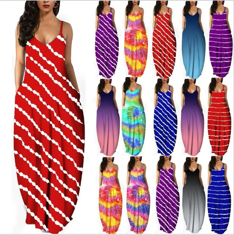 Modest COTTON Maxi Dresses 2021 Summer Tie Dye Stripe Maxi Dress With Pockets Spaghetti Strap Long Dresses Women Maxi Casual 5XL