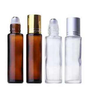 Botol gulungan parfum kaca pendek 15ml amber coklat, botol minyak esensial bola rol baja logam