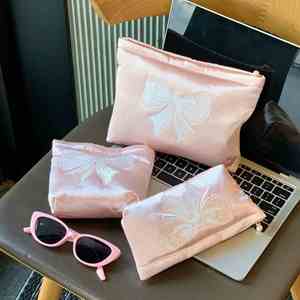 Custom Logo Pink Velvet Makeup Bag Embroidered <b>Bow</b> <b>Large</b> Capacity Zipper Cosmetic Pouch Portable Travel Organizer for Women - Product Image 5