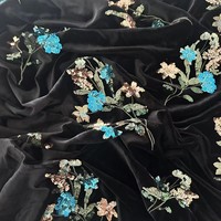 Tissu brodé de fleurs à sequins bleus étincelants, dentelle noire de luxe en maille pour robe de soirée, tenue de scène