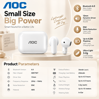 Écouteurs sans fil AOC TWS BT 6.0 avec transducteur dynamique de 13 mm, réduction de bruit ENC, son stéréo, écouteurs légers OEM