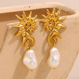 Orecchini pendenti in acciaio inossidabile placcato oro 18K personalità Design cavalluccio marino orecchini pendenti di perle barocche da donna - Product Image 6