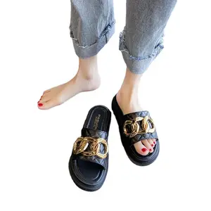 Solid Colorclinen Sale Fashiosimplecasual Women Sandals Open-toe Slip-on Wedge Ladies Shoes Chain Women Slippers Gold PVC Canvas