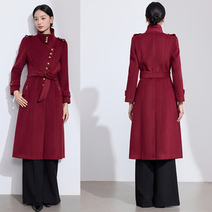 European Style Stand Up Collar <b>Wool</b> Coat Long Slim Fit Warm Medium Thickness With Pocket For Women - Product Image 1