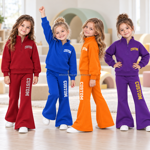 Ensemble de yoga pour enfants à col montant zippé, haut à manches longues et pantalon pattes d'éléphant assorti, motif imprimé personnalisé - Product Image 4