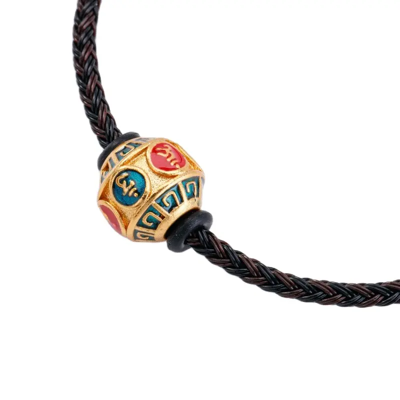 Six-Character Mantra Of Lucky Gold Plated Bead Fengshui Tibetan Buddhism Black Bracelet Jewelry