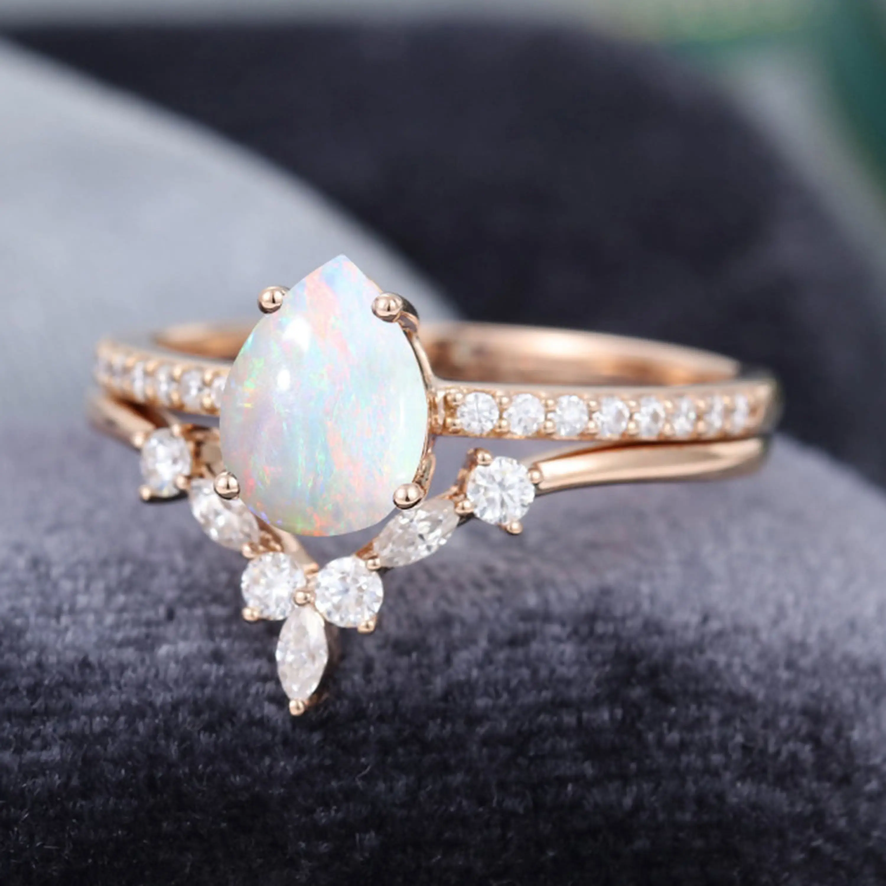 Australia 925 Sterling Silver Halo CZ Jewelry Radiant Stacking Natural Opal Ring Sets