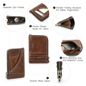 Portefeuille fin en denim pour homme avec porte-cartes RFID, en cuir véritable, avec poche à monnaie zippée, design léger et décontracté - Product Image 6