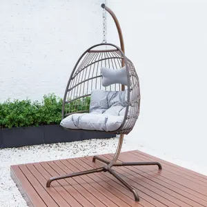 Outdoor Chair Garden Foldable Wicker Hanging Egg Chair Rope Swing Chair Rattan Outdoor Patio Swing With Metal Stand