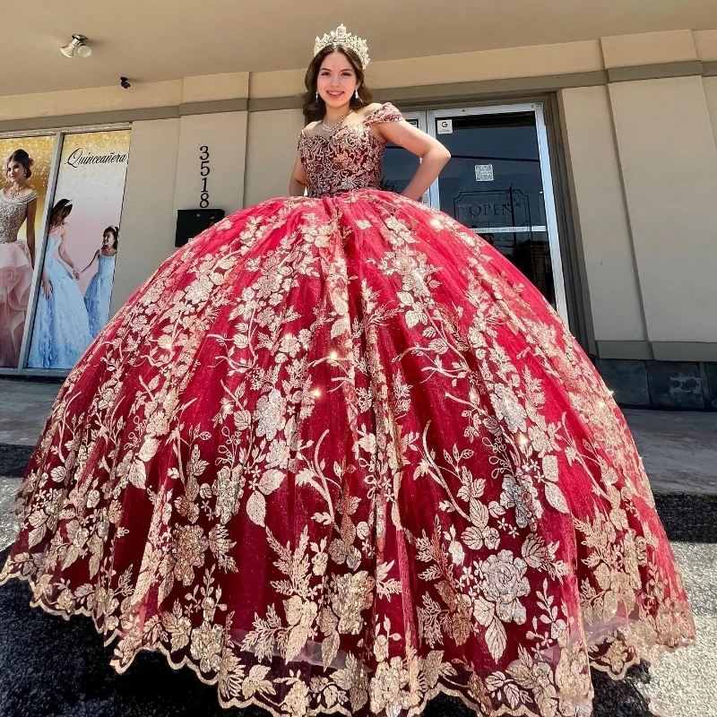 red glitter quince dress Amarra 54322 Long Glitter Print Detachable Sleeves Quinceanera Dress
