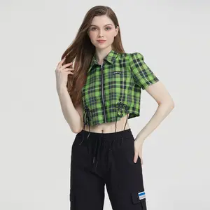 Designer Y2K Fashion Women Shirts Green Plaid Turn Down Collar Zipper Up Bottom Eyelet Drawstrings Women Crop Tops