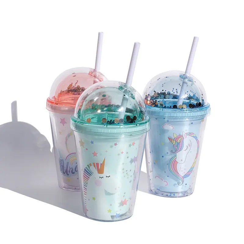 Wholesale Custom Reusable Pink Blue 12 oz Straw Cup Double Wall Glitter Plastic Water Juice boba Cup with Straw and Dome Lids