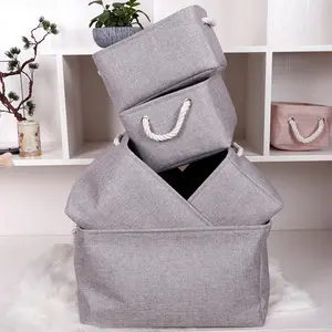 Petit panier pliable gris décoratif pour la maison en tissu sale, organisateur de placard, panier de rangement pour vêtements avec poignée en corde de coton