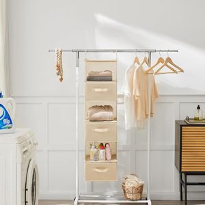 Organisateur de placard suspendu 6 niveaux beige, étagère de rangement pliable avec crochets pour l'organisation de la chambre - Product Image 5