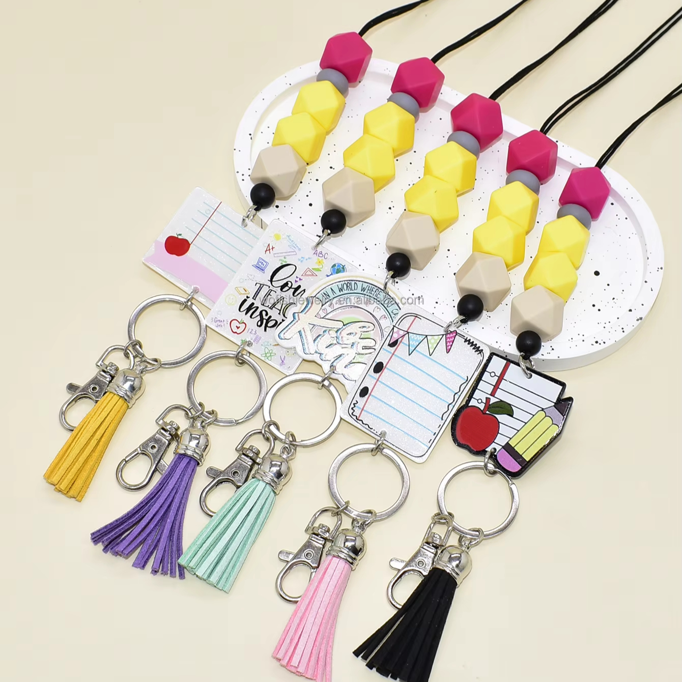 Cute Style Faceted Silicone Beads Keyring Pencil Colors Acrylic Notebook Composition Book Rainbow Lanyard Keychain Image 2