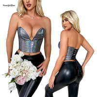 Grande taille S-xxxl dos dentelle serré court Bustier scintillant paillettes femmes cuir synthétique Corset haut court argent