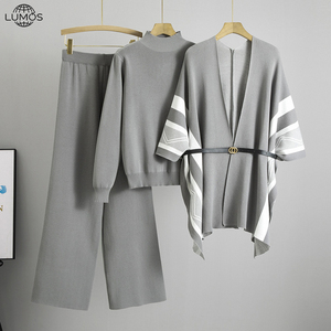 Conjunto <span class=keywords><strong>de</strong></span> 3 Piezas <span class=keywords><strong>de</strong></span> Punto para <span class=keywords><strong>Mujer</strong></span>, Estilo Retro Otoño Invierno, Chal, Top <span class=keywords><strong>de</strong></span> Manga Larga con Cuello Alto, Pantalones Anchos, Talla Grande - Product Image 5