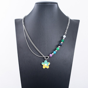 Cute Flower Layered Necklace <b>Titanium</b> Steel Beaded Colorful Chain For Women Fashion Jewelry - Product Image 2