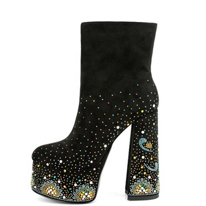 Zapatos con Diamantes de Colores, Botines Personalizados con Punta Redonda para Mujer, Plataforma, Cierre Lateral, Tacón Alto y Grueso - Product Image 5