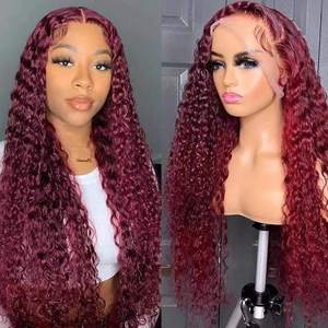 Perruque Lace Front 13x6 en <span class=keywords><strong>Cheveux</strong></span> Brésiliens Rouge Bordeaux Lisses et Soyeux avec Ondulations Profondes, Pré-Pluckée, <span class=keywords><strong>Cheveux</strong></span> Vierges # 99J - Product Image 2