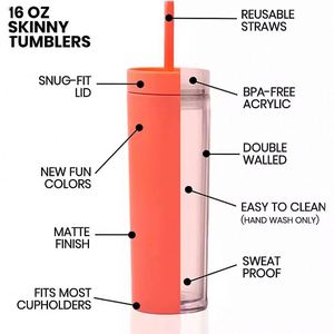 16Oz <b>Plastic</b> Double Wall Black Plain Matte Colored Acrylic Skinny Tumbler <b>Cups</b> With Straw - Product Image 3