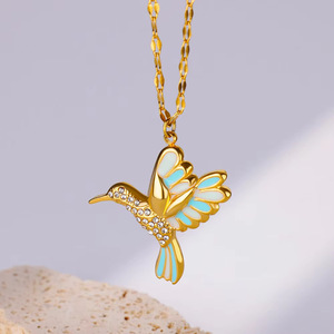 Cadeaux de fête en gros : Collier en acier inoxydable couleur or avec pendentifs oiseaux colorés mignons, cœur et herbe pour femmes, bijoux de mariage - Product Image 6