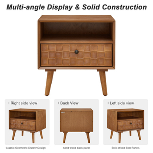 Comodino in Legno Stile Mid-Century Moderno, 22 Pollici, 1 Cassetto, Ripiano Aperto, Gambe in Legno Massello - Product Image 4