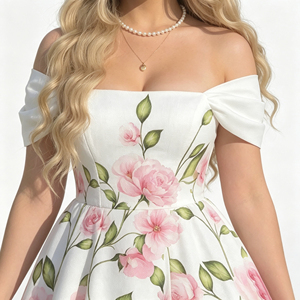 Robe midi élégante à imprimé floral et épaules <span class=keywords><strong>d</strong></span>énudées pour femme, avec manches courtes bouffantes, coupe trapèze évasée, idéale pour les fêtes en <span class=keywords><strong>jardin</strong></span> et les vacances - Product Image 4