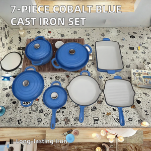 7-Piece Cobalt màu xanh tráng men gang Cookware Set lò/Stovetop an toàn không độc hại kim loại Hà Lan lò chậu bền gang nhà bếp - Product Image 2