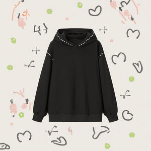 <b>Women's</b> <b>Black</b> Hooded <b>Sweatshirt</b> Knitted Pullover Long Sleeve Oversized Rivet Decoration Autumn Winter Style - Product Image 3