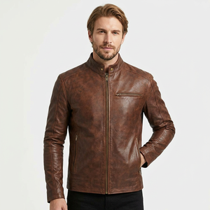 Vintage Brown Genuine Leather Waterproof Winter <b>Jacket</b> Unisex Mandarin Collar Biker Motorcycle Style <b>Zip</b> Coat OEM Factory Front - Product Image 1