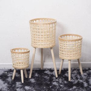 Handmade Woven Flower Pots Nordic Style Circular Floor Standing Indoor Wooden Planters Breathable Light Transmitting - Product Image 4