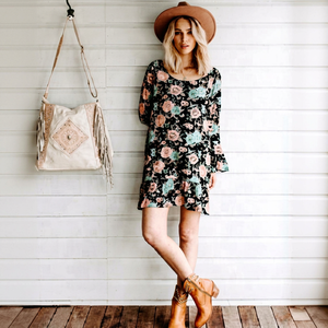 SRJ EXPORTS Eco-Friendly Breathable Plus Size Bohemian Floral Print Chiffon <b>Mini</b> Dress O-Neck <b>Lantern</b> Sleeve Loose Fit Women's - Product Image 1