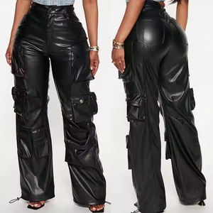 Fabricant de vêtements sur mesure, <span class=keywords><strong>pantalon</strong></span> cargo en <span class=keywords><strong>cuir</strong></span> long décontracté pour <span class=keywords><strong>femme</strong></span>, taille haute, poches amples, style streetwear, jambes larges - Product Image 1