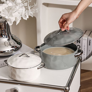 Bol à soupe en <span class=keywords><strong>céramique</strong></span> 6,5 "/8" <span class=keywords><strong>de</strong></span> luxe léger pour la famille, avec deux anses, bordure argentée à effet traqué à la main, artisanat sous-glaçure, ensemble d'ustensiles <span class=keywords><strong>de</strong></span> <span class=keywords><strong>cuisine</strong></span> en <span class=keywords><strong>céramique</strong></span> - Product Image 2