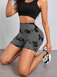 Active High Waist Yoga Shorts with Color Blocking Tie <b>Dye</b> Print Four-Way Stretch Spandex/Polyester <b>Fabric</b> - Product Image 5