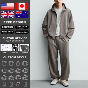 KingSen Street Style Warm Hoodie <b>Set</b> Acid washed 2 Piece Tracksuit Comfortable 2 Way Zip Up Hoodie With Pants Stone Wash - Product Image 2