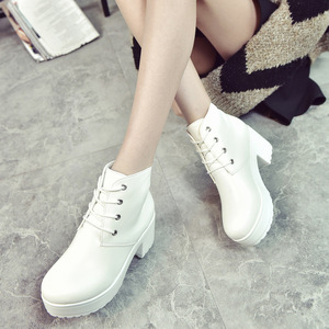 Botines de Mujer al por Mayor, Otoño, Punta Redonda, Negro Blanco, Estilo Europeo Americano, Impermeables, <span class=keywords><strong>Plataforma</strong></span>, Cordones Delanteros, Tacón Grueso - Product Image 1