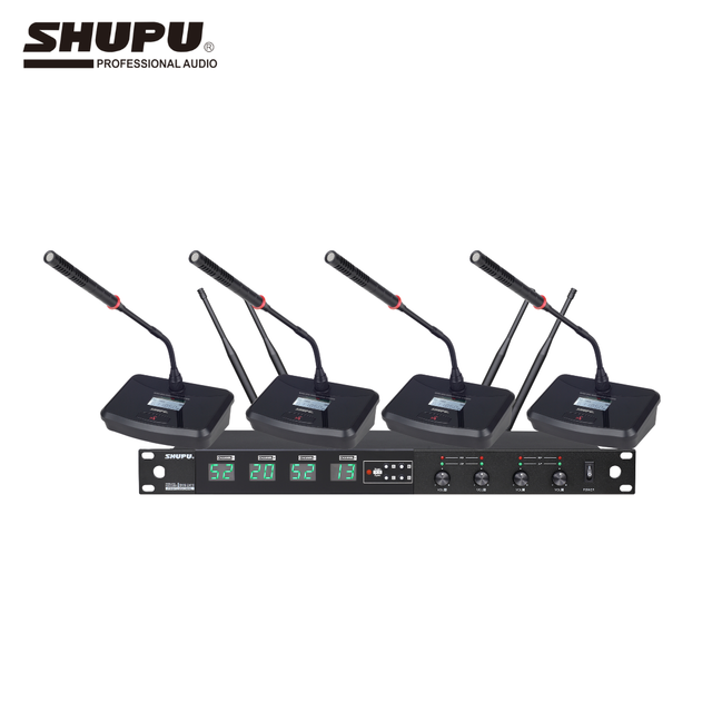 SHUPU SKM-2410 Professional 4-Channel UHF Desktop Wireless Microphone Easy-to-Use for Church Conference Meeting Adjusted